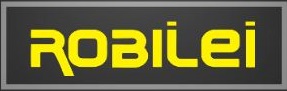 logo robilei. Escrito Robilei de amarelo e fundo cinza